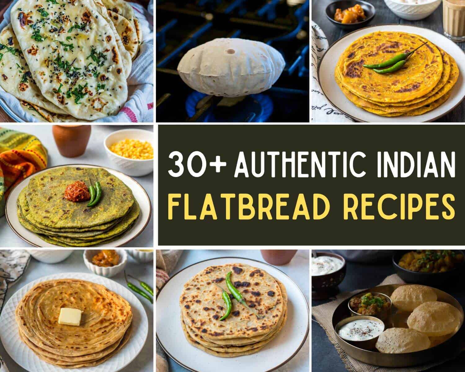 A collage of 7 images with caption 30+ Authentic Indian flatbreads