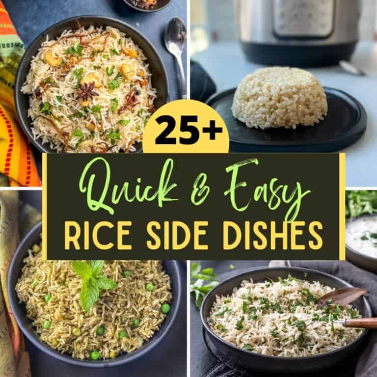 A collage of 4 images with a caption 25+ Quick and Easy Rice Side Dishes
