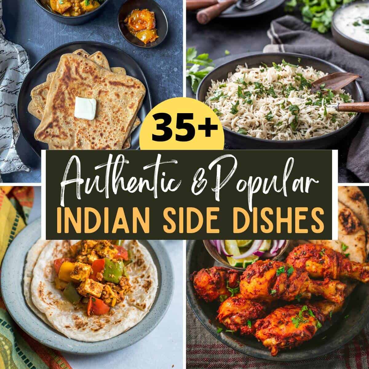 A collage of 4 images with the caption authentic and popular Indian side dishes