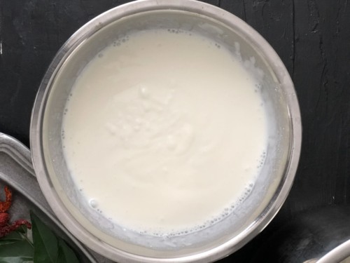 Yogurt and milk mixture in a steel bowl